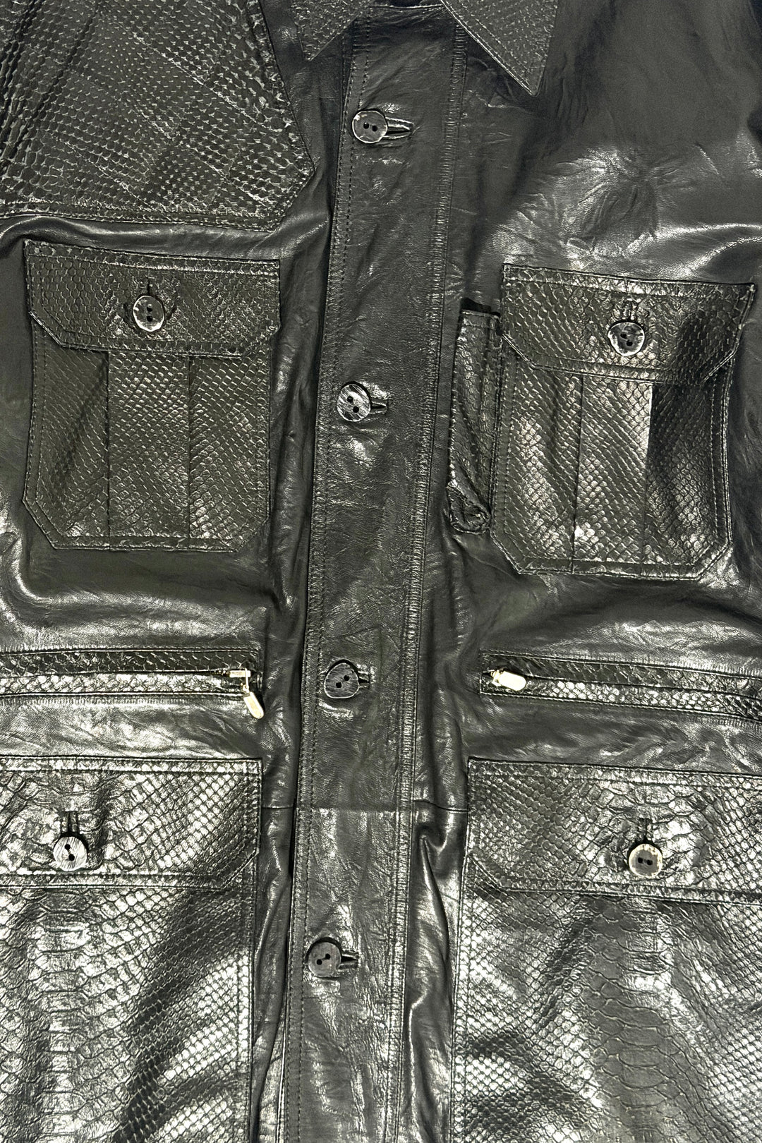 1970’S DEADSTOCK KIPPY’S CORONADO CALIFORNIA MADE IN USA BLACK PYTHON LEATHER SAFARI JACKET LARGE