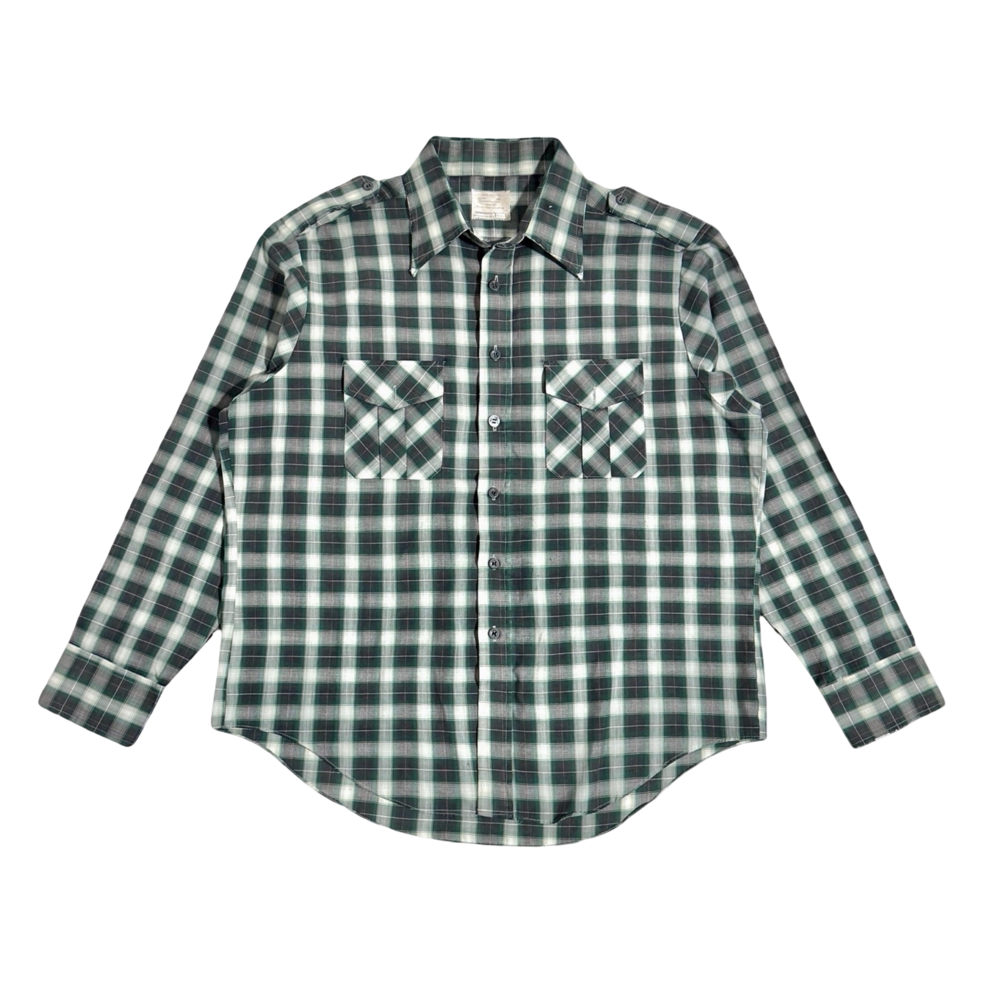 1970's Sears green plaid blended western shirt front