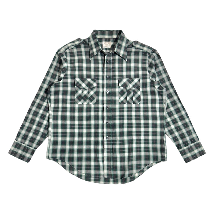 1970's Sears green plaid blended western shirt front