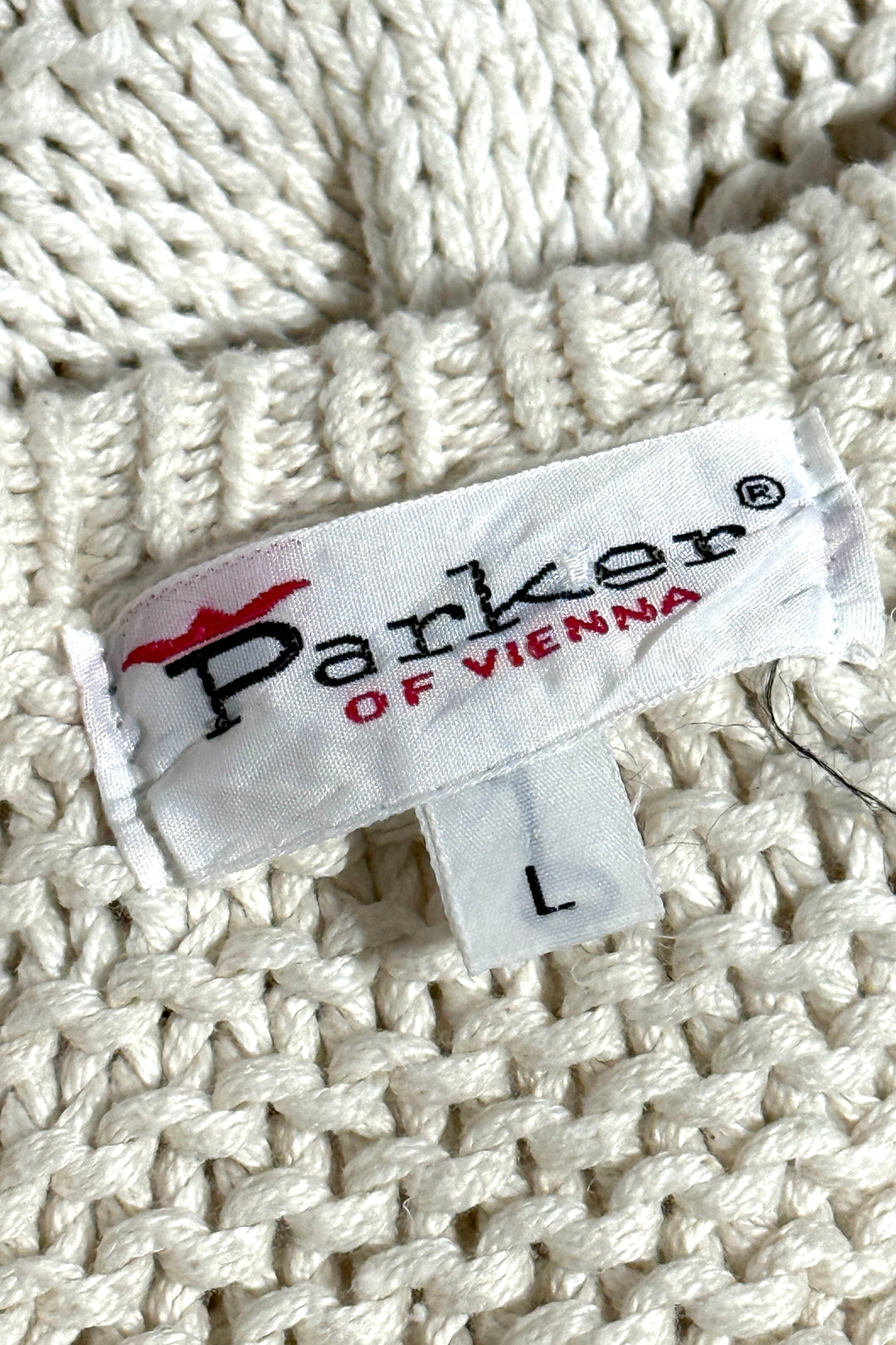 1960’S PARKER OF VIENNA MADE IN USA CABLE KNIT HAND FRAMED CREWNECK SWEATER LARGE