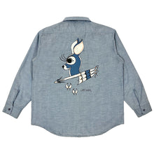 Load image into Gallery viewer, 1970’S HAND DRAWN NAVAJO CHEE DEER MADE IN USA EMBROIDERED CHAMBRAY DENIM L/S B.D. SHIRT LARGE
