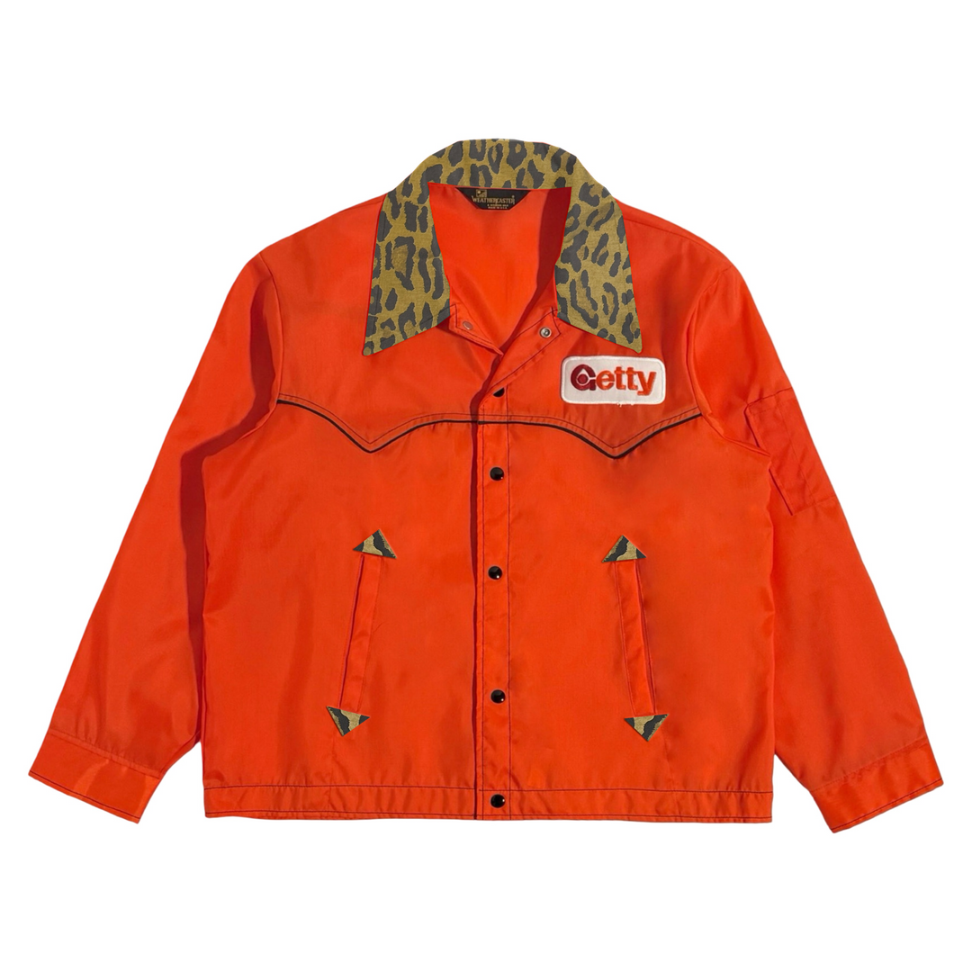 1970’S DEADSTOCK MASK GETTY OIL MADE IN USA CROPPED WESTERN LEOPARD PRINT COLLAR RACING GARAGE JACKET X-LARGE