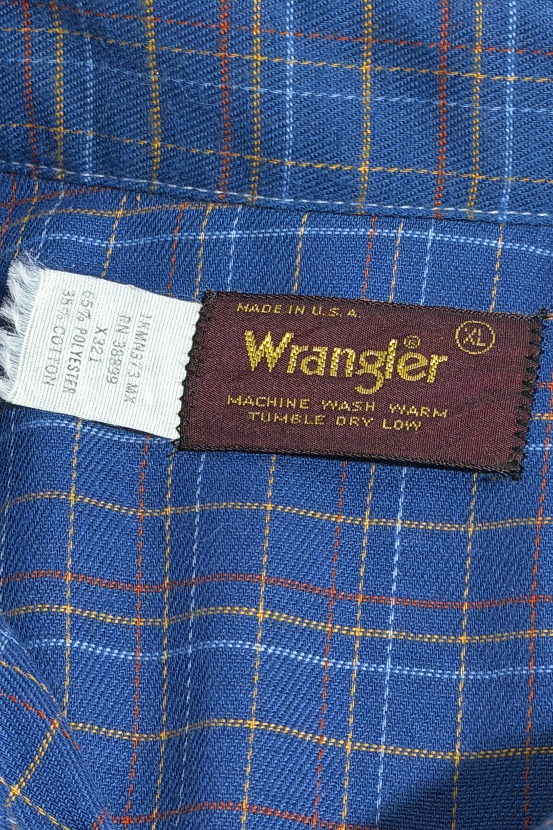 1980’S WRANGLER MADE IN USA BLUE PLAID WESTERN PEARL SNAP S/S B.D. SHIRT X-LARGE