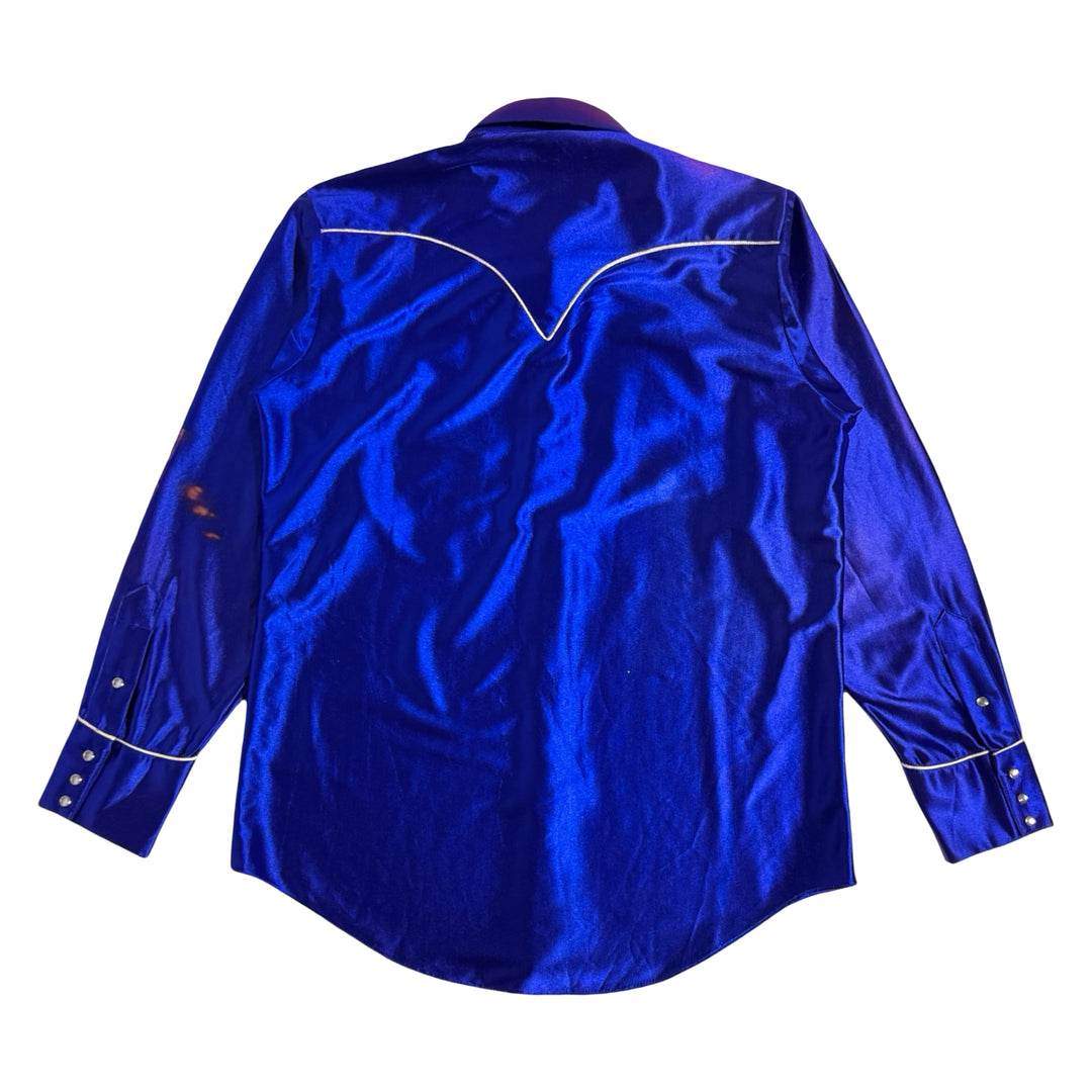 1960’S ROCKMOUNT RANCH WEAR MADE IN USA BLUE LAMÉ WESTERN PEARL SNAP L/S B.D. SHIRT X-LARGE