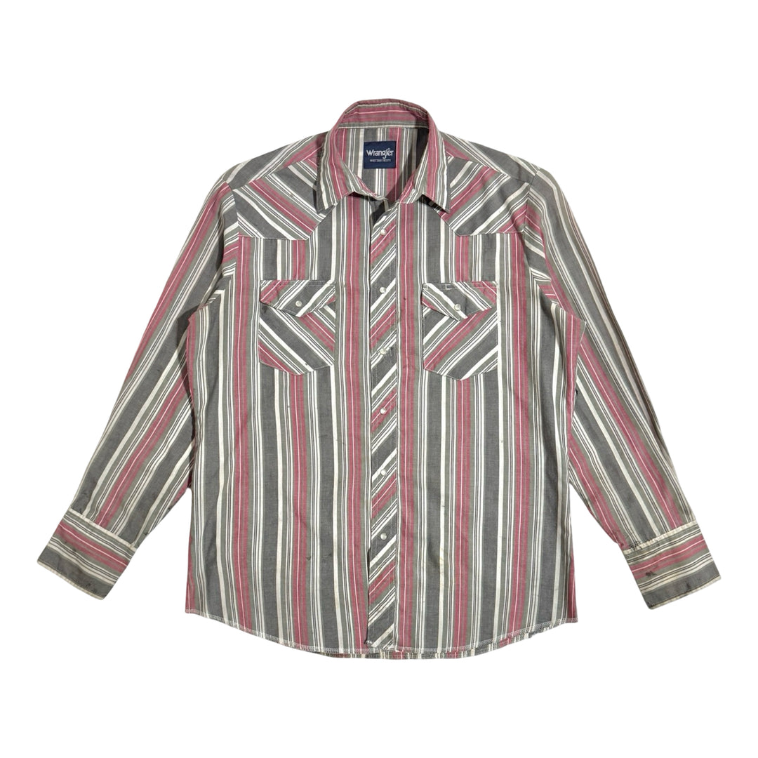 1990’S WRANGLER MADE IN USA THRASHED & FADED WESTERN STRIPED PEARL SNAP L/S B.D. SHIRT X-LARGE