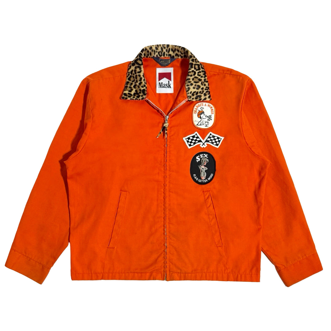 1970’S K BRAND MADE IN USA CROPPED LEOPARD PRINT PONY HAIR COLLAR PATCHED RACING JACKET X-LARGE