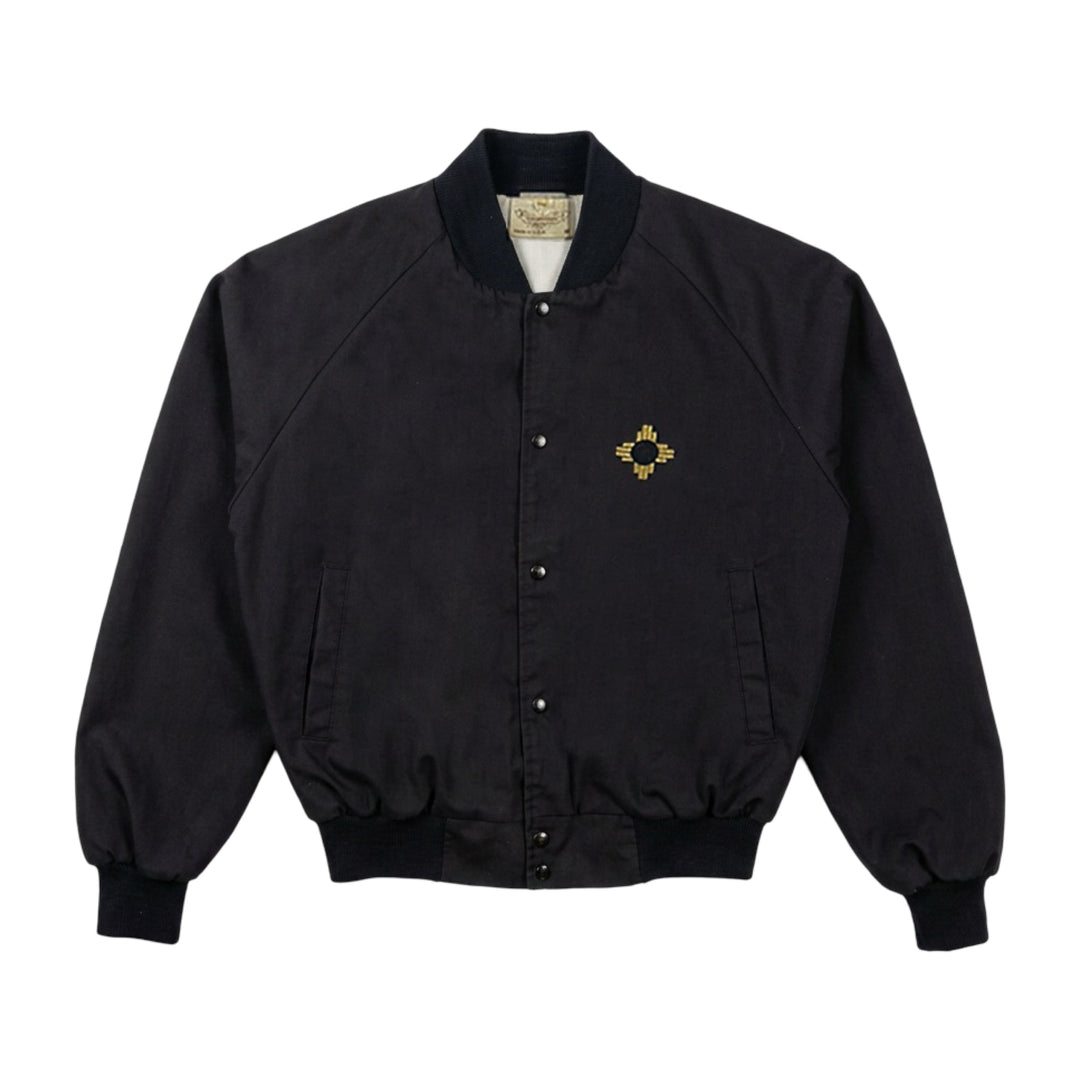 1990’S GOLD ZIA MADE IN USA CROPPED BLACK RAGLAN SLEEVE BASEBALL JACKET LARGE