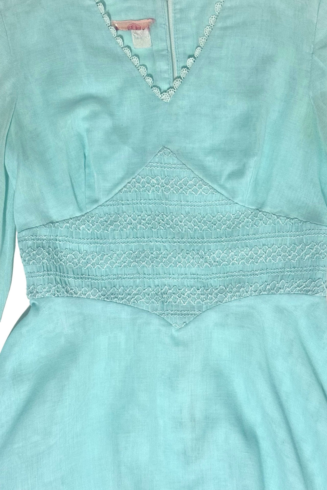 1970S PRAIRIE ROMANTIC TEAL BLUE BISHOP SLEEVE SMOCKED WAIST MINI DRESS X-SMALL/SMALL