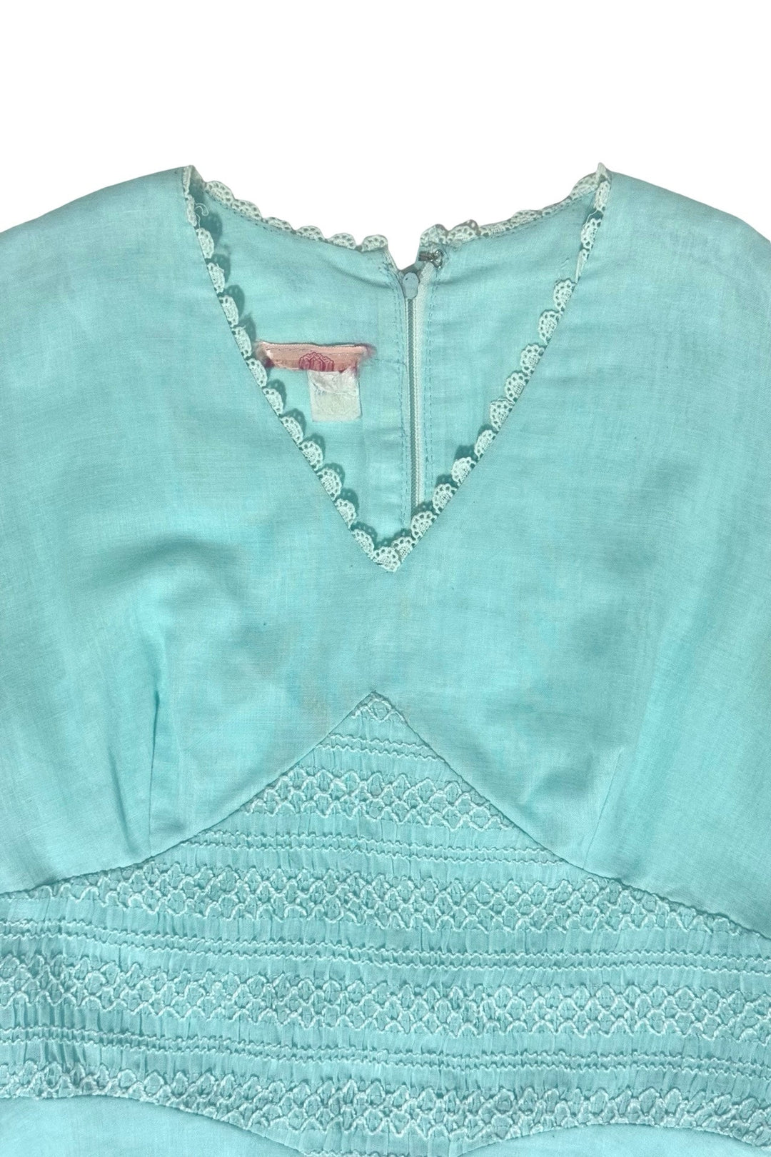1970S PRAIRIE ROMANTIC TEAL BLUE BISHOP SLEEVE SMOCKED WAIST MINI DRESS X-SMALL/SMALL