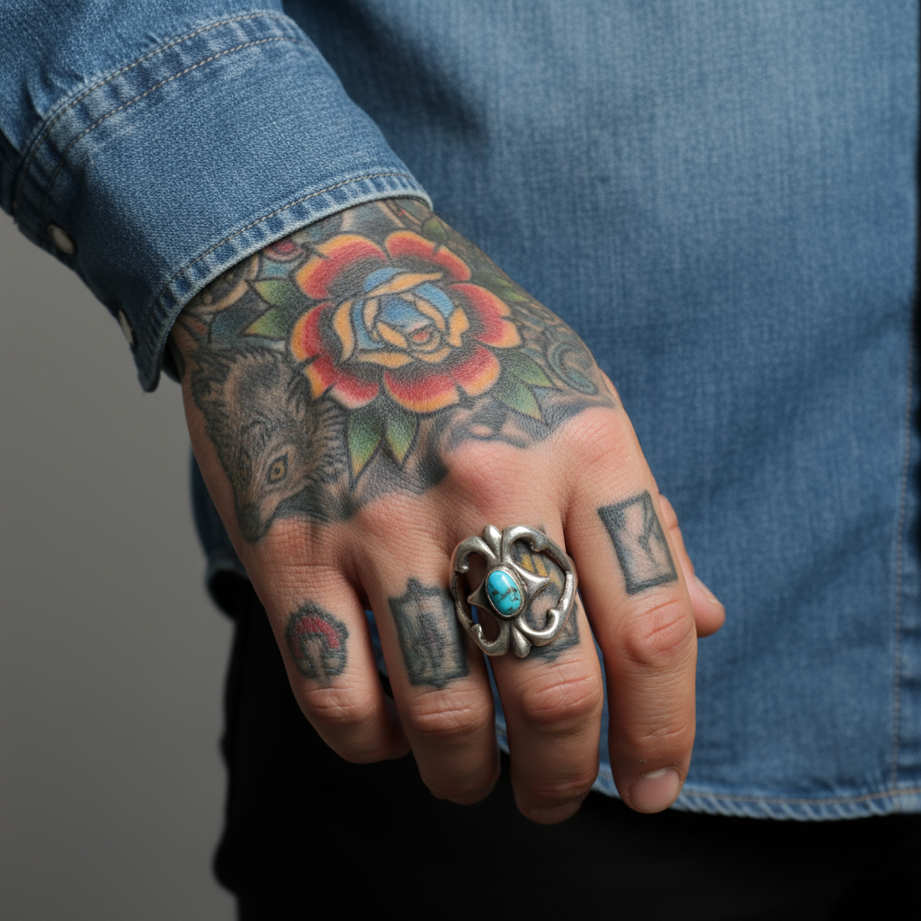 1960’S .925 NAVAJO SAND CASTED STERLING SILVER & TURQUOISE RING 9