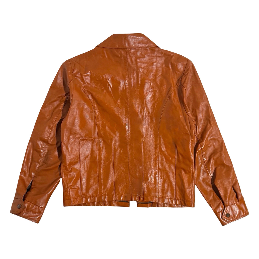 1970’S SCORE ONE BY WILLIAM BARRY MADE IN USA CROPPED REPAIRED COGNAC LEATHER DARTED ZIP JACKET LARGE