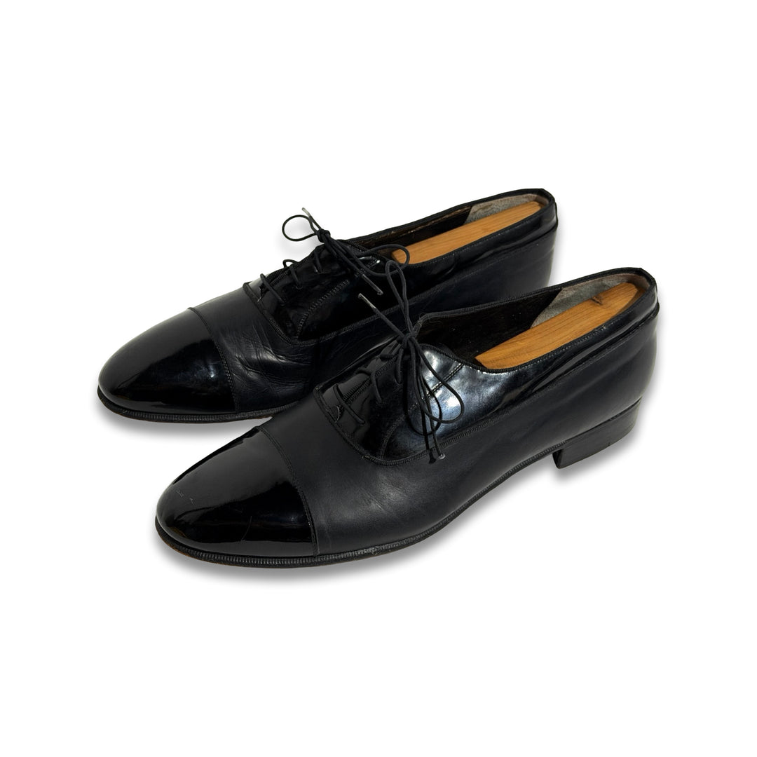 1970’S SALVATORE FERRAGAMO FIRENZE MADE IN ITALY PATENT LEATHER CONTRAST TUXEDO SHOES 11