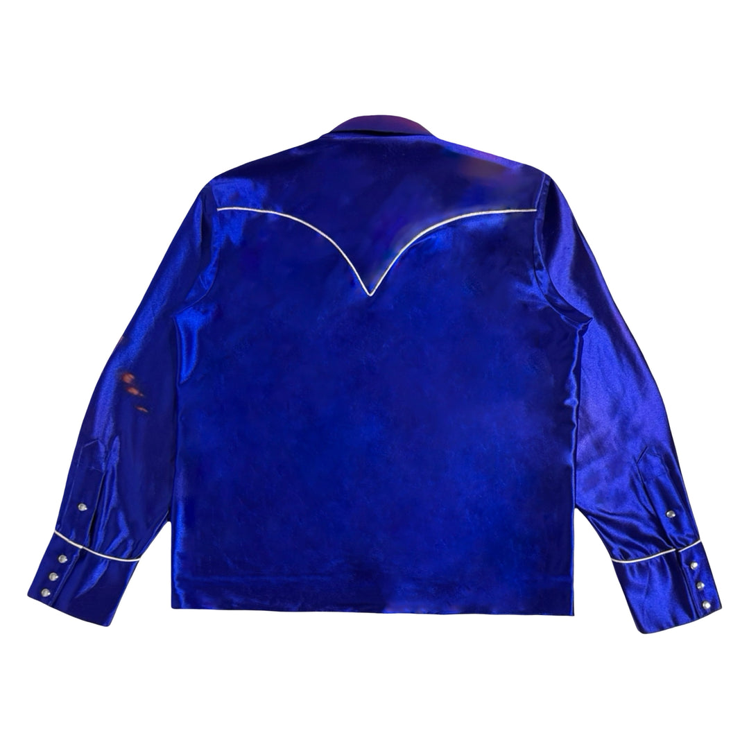 1960’S ROCKMOUNT RANCH WEAR MADE IN USA CROPPED BLUE LAMÉ WESTERN PEARL SNAP SHIRT JACKET LARGE