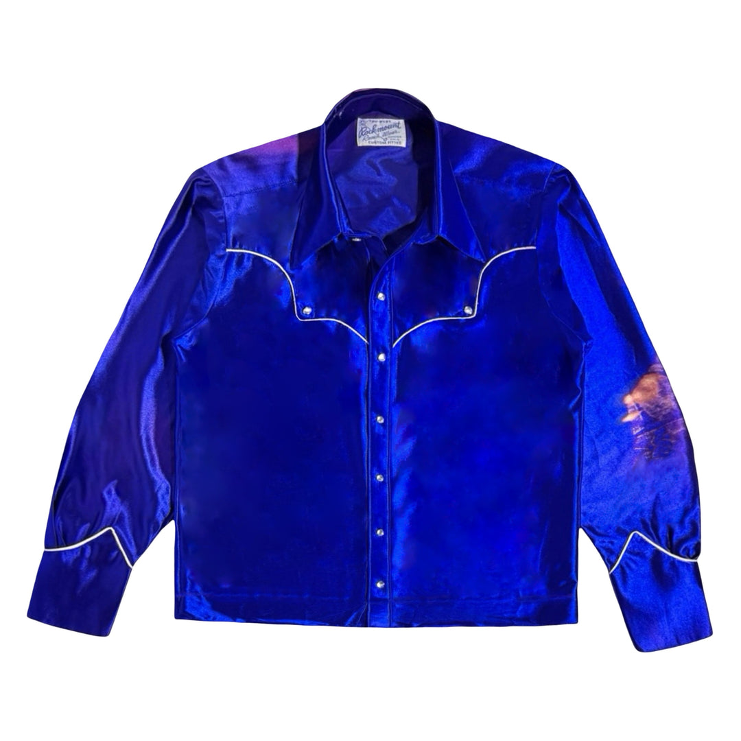 1960’S ROCKMOUNT RANCH WEAR MADE IN USA CROPPED BLUE LAMÉ WESTERN PEARL SNAP SHIRT JACKET LARGE