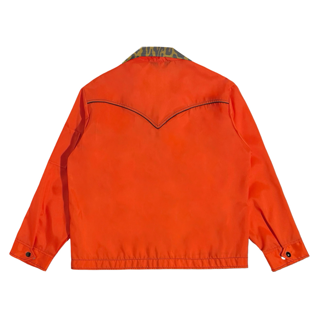 1970’S DEADSTOCK MASK GETTY OIL MADE IN USA CROPPED WESTERN LEOPARD PRINT COLLAR RACING GARAGE JACKET X-LARGE