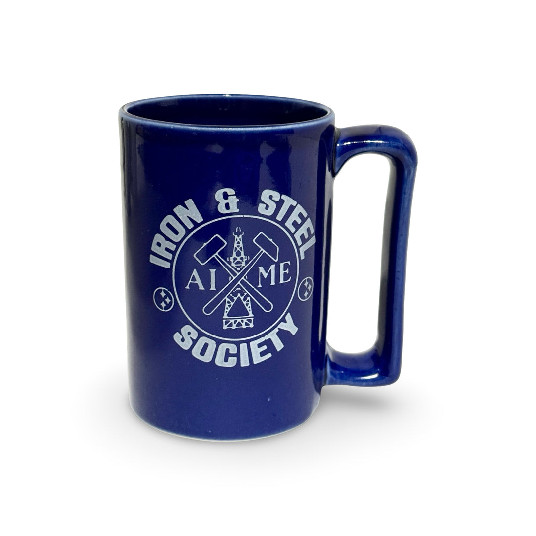 1990’S BURDEN CHINA MADE IN USA IRON & STEEL SOCIETY BLUE GLAZED CERAMIC COFFEE MUG