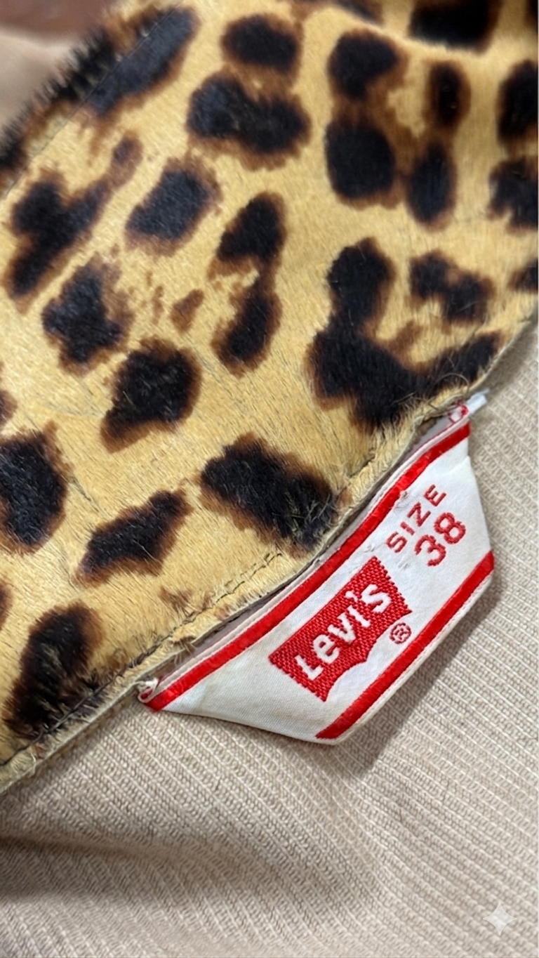 1970’S LEVI’S TYPE 3 MADE IN USA LEOPARD PONY HAIR LEATHER COLLAR CROPPED CORDUROY JACKET MEDIUM