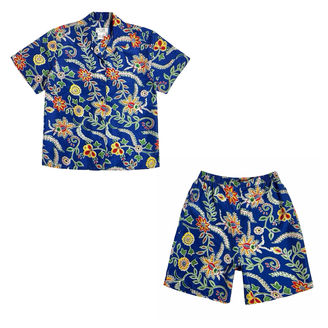 1980’S FLORAL PRINT 100% SILK CROPPED LOOP COLLAR AND 6” SHORTS MEDIUM