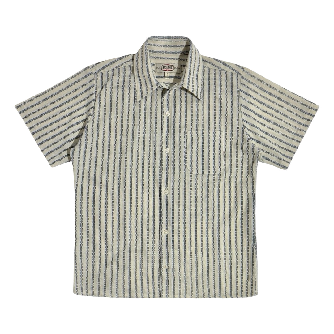 1990’S BC ETHIC MADE IN CROPPED USA STRIPED KNIT CAMP COLLAR S/S B.D. SHIRT LARGE