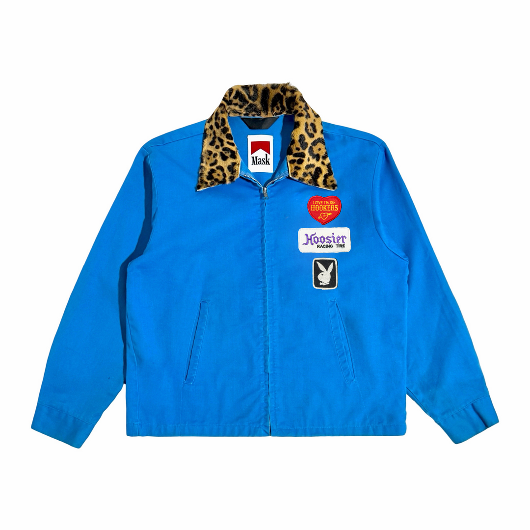 1970’S MASK “PLAYBOY” MADE IN USA CROPPED ITALIAN LEOPARD PRINT PONY HAIR COLLAR K BRAND PATCHED RACING JACKET LARGE