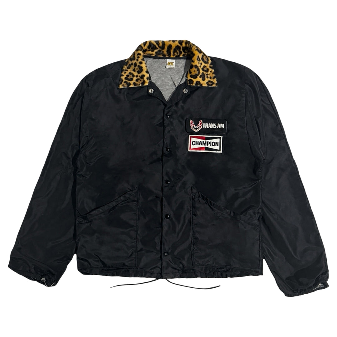 1970’S MASK TRANS AM MADE IN USA ITALIAN LEOPARD PRINTED LEATHER COLLAR BLACK RUSSELL SATIN BUTTON DOWN RACING JACKET LARGE