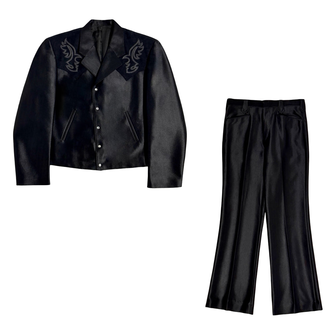 1990’S CIRCLE WESTERNWEAR MADE IN USA CROPPED PEARL SNAP BLACK SATIN WESTERN SUIT 44R