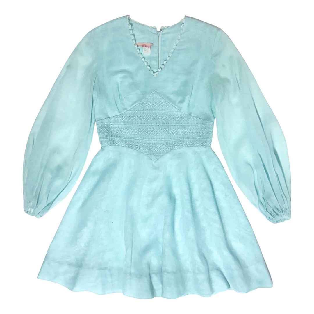 1970S PRAIRIE ROMANTIC TEAL BLUE BISHOP SLEEVE SMOCKED WAIST MINI DRESS X-SMALL/SMALL