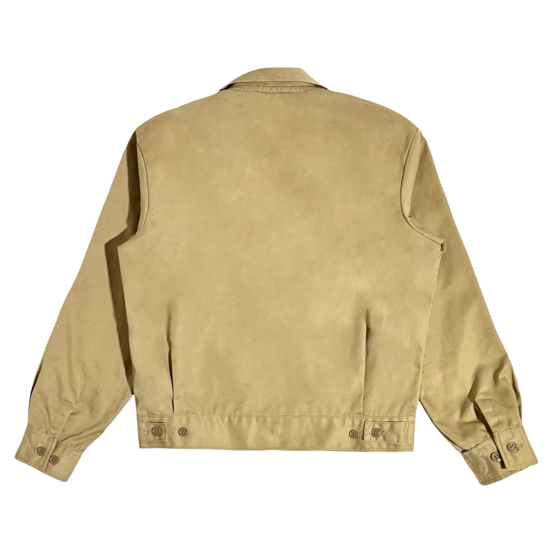 1960’S LEE CHETOPA TWILL MADE IN USA CROPPED CHAINSTITCHED KHAKI “CHAMPION SPARK PLUGS” WORK WEAR GARAGE JACKET LARGE