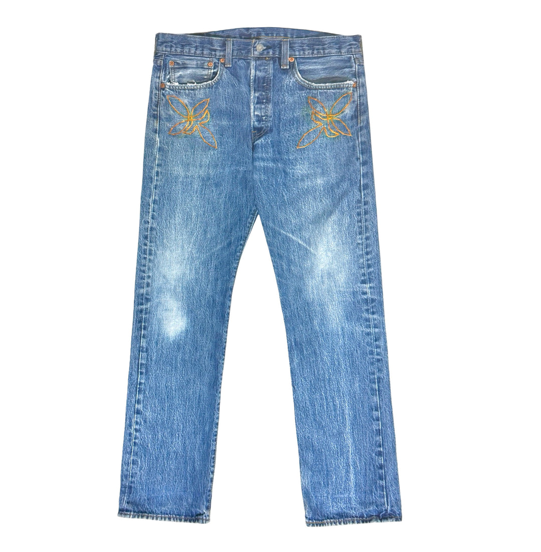 MASK X LEVI’S 501 WESTERN HAND CHAINSTITCHED LIGHT WASH FADED DENIM JEANS SIZE 30 - 36
