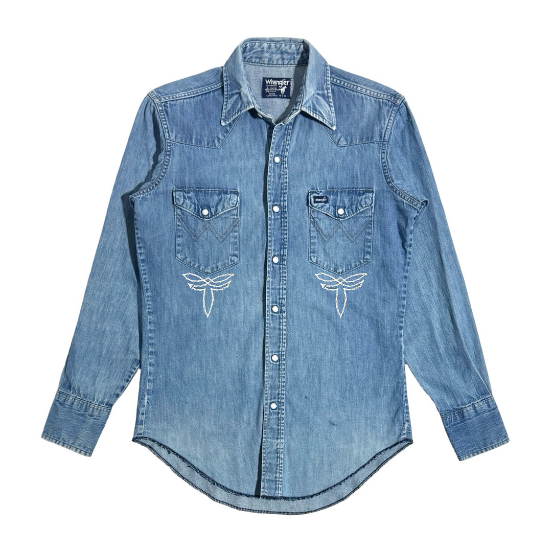 MASK X WRANGLER MADE IN USA HAND CHAINSTITCHED WESTERN FADED LIGHT WASH DENIM WESTERN PEARL SNAP L/S B.D. SHIRT S-XXL
