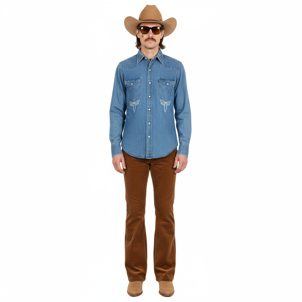 MASK X WRANGLER MADE IN USA HAND CHAINSTITCHED WESTERN FADED LIGHT WASH DENIM WESTERN PEARL SNAP L/S B.D. SHIRT S-XXL
