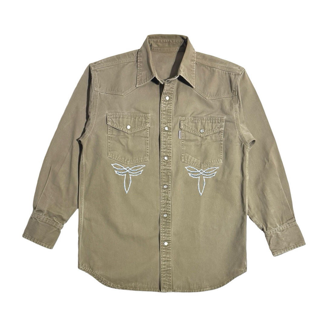MASK X CARHARTT MADE IN USA HAND CHAINSTITCHED WESTERN HEAVY TWILL WESTERN PEARL SNAP L/S B.D. SHIRT MEDIUM