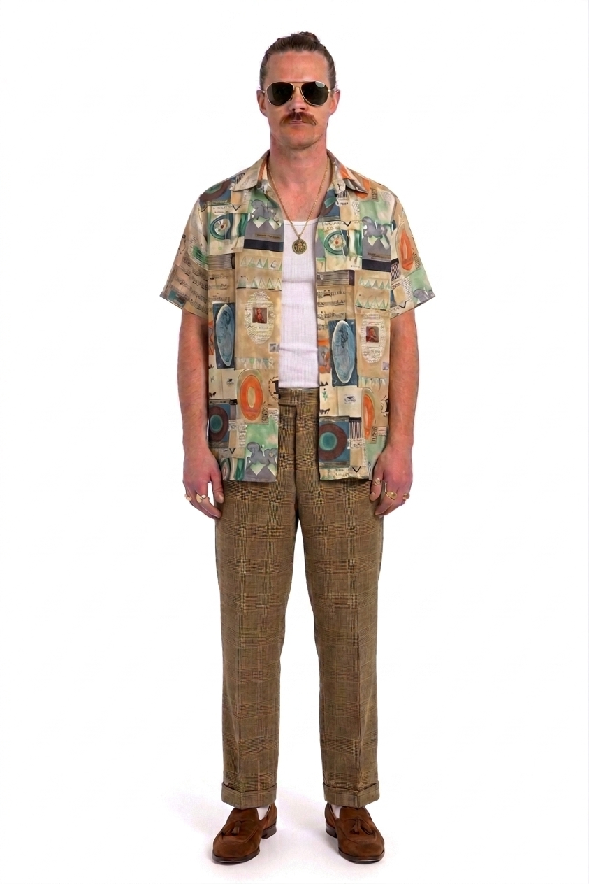 1980’S BURMA BIMAS 100% SILK ITALIA PRINTED CAMP COLLAR S/S B.D. SHIRT X-LARGE