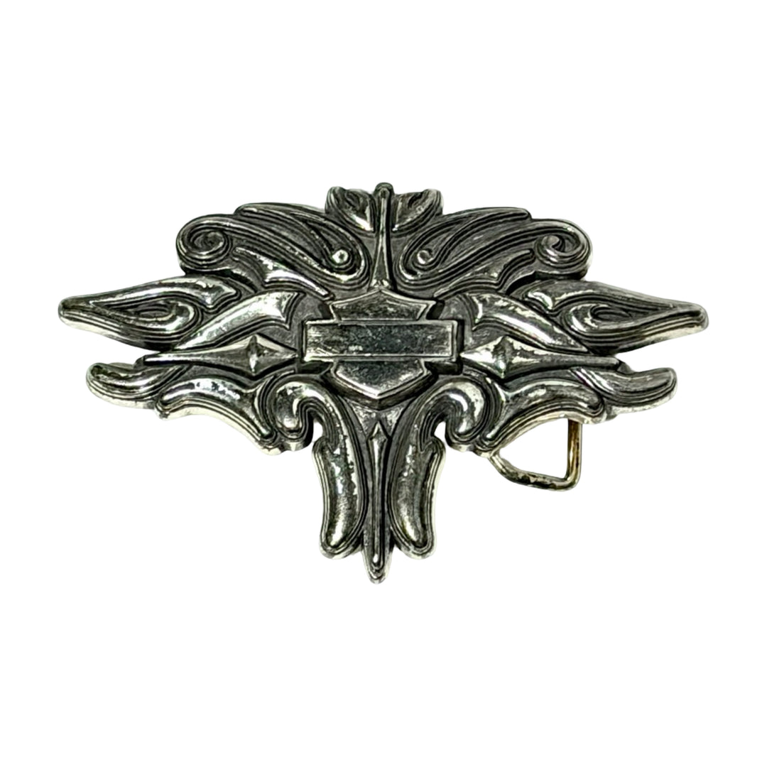 Harley-Davidson silver tone scroll belt buckle, front view