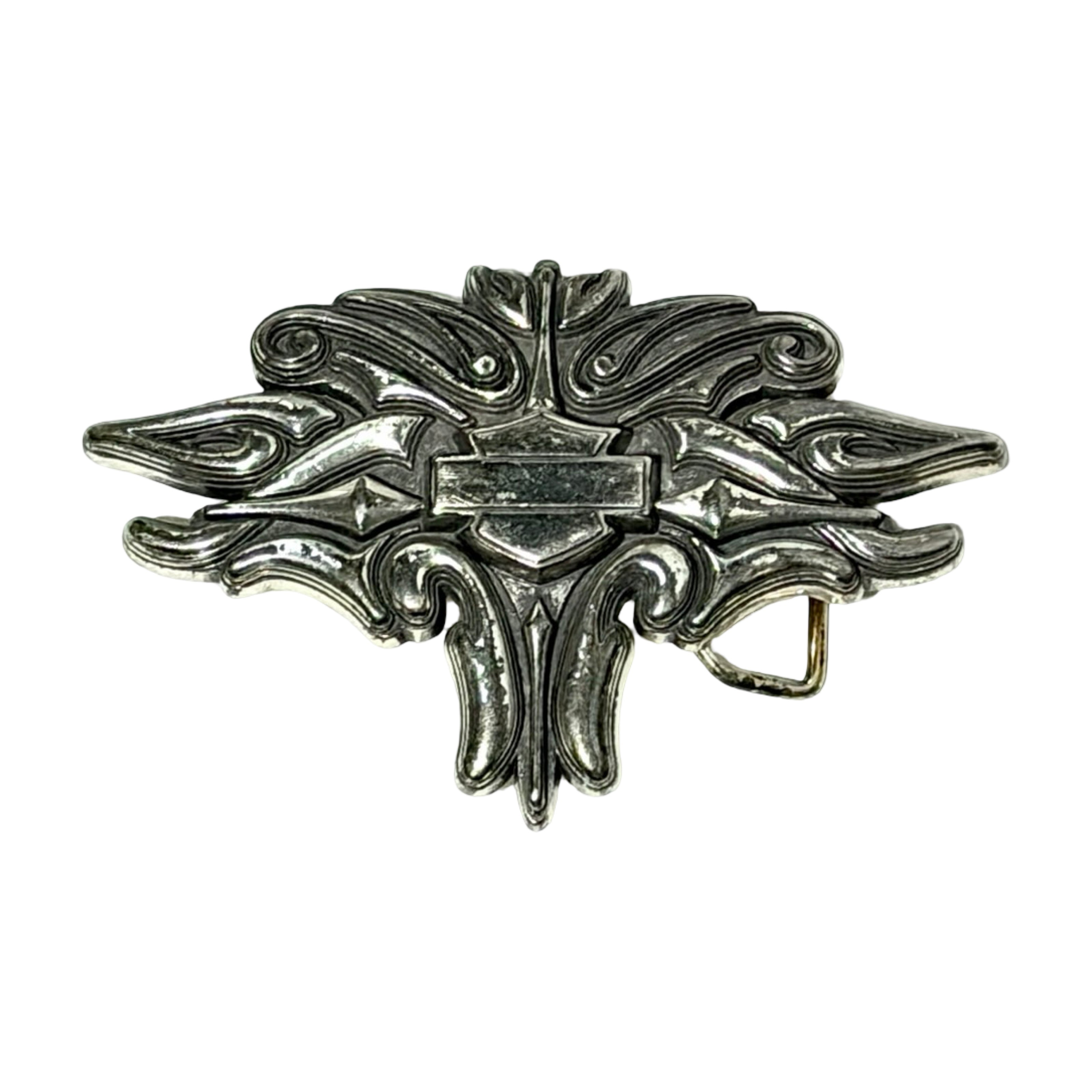 Harley-Davidson silver tone scroll belt buckle, front view
