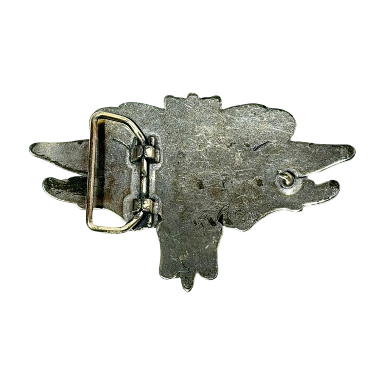 Harley-Davidson belt buckle, close-up of bar and shield logo detail