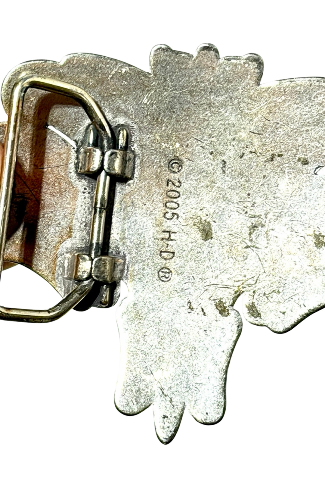 Harley-Davidson belt buckle, close-up of 2005 H-D copyright stamp