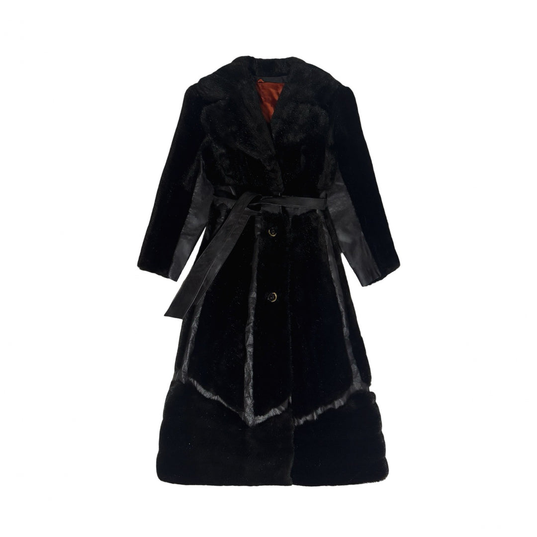 1970’S JET SET OF CALIFORNIA TISSAVEL BLACK FAUX FUR &amp; LEATHER BELTED COAT EXTRA SMALL/SMALL