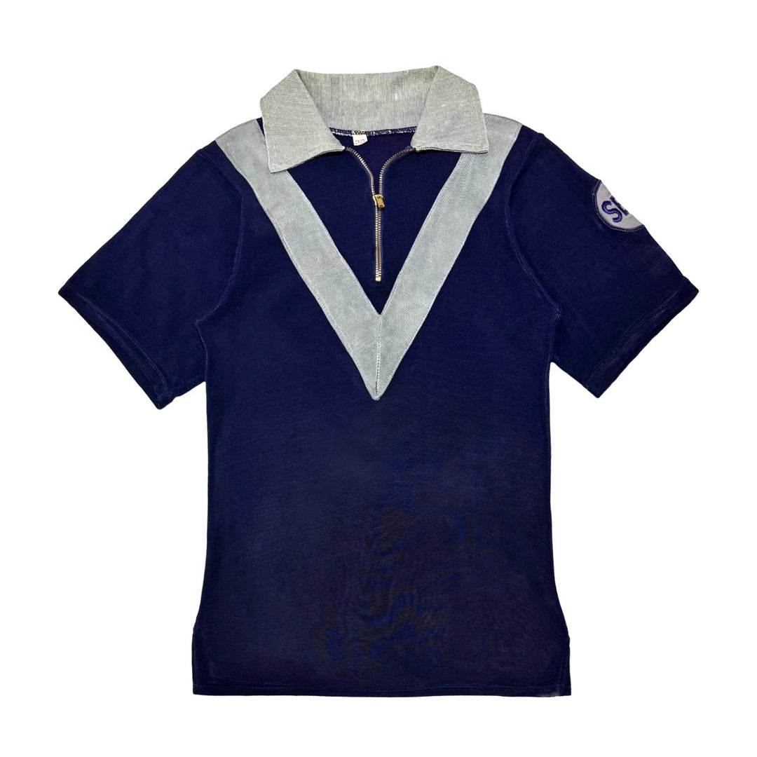 1930’S HOLTS SPORTING GOODS BLUE ZIP UP DURENE POLO SMALL