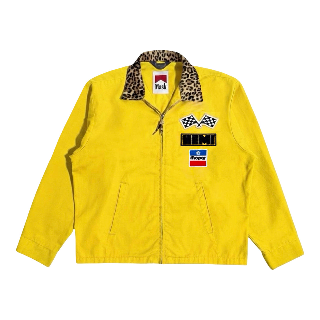 1970’S K BRAND MADE IN USA CROPPED LEOPARD PRINT PONY HAIR HEMI RACING MOPAR GARAGE JACKET LARGE