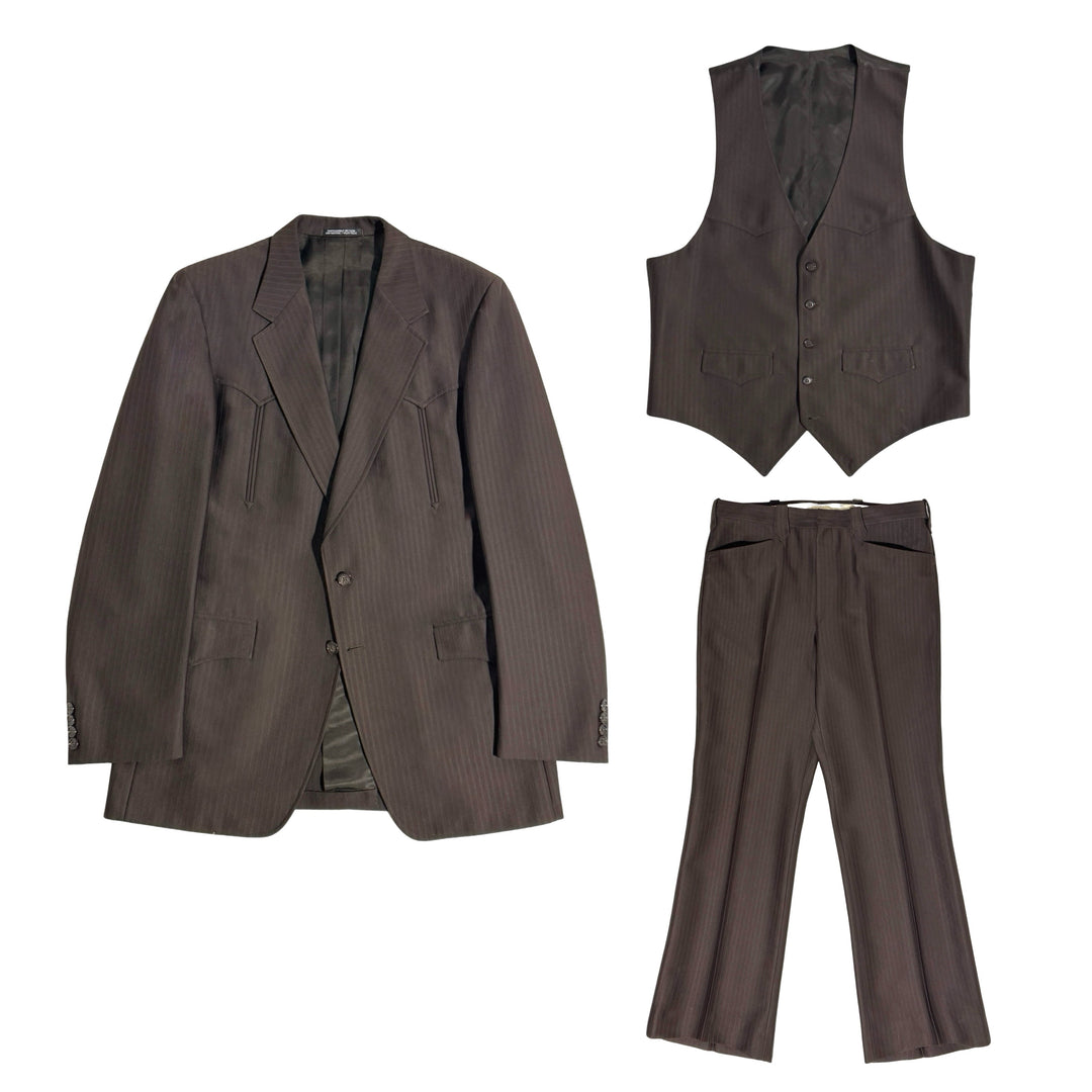 1970’S DALLAS WESTERN APPAREL MADE IN USA GHOST STRIPE BROWN 3 PIECE SUIT 44R