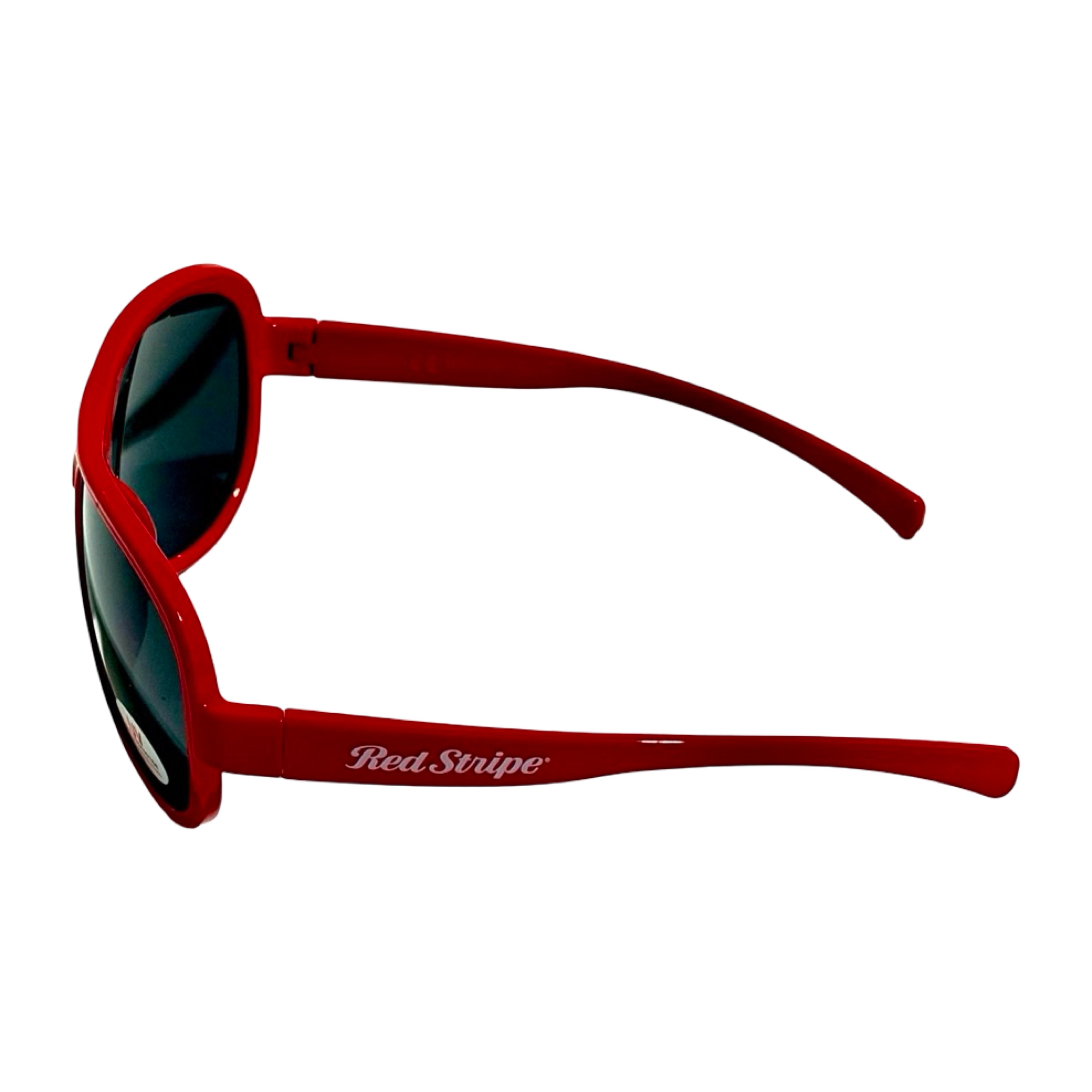 Red Stripe sunglasses side profile logo detail