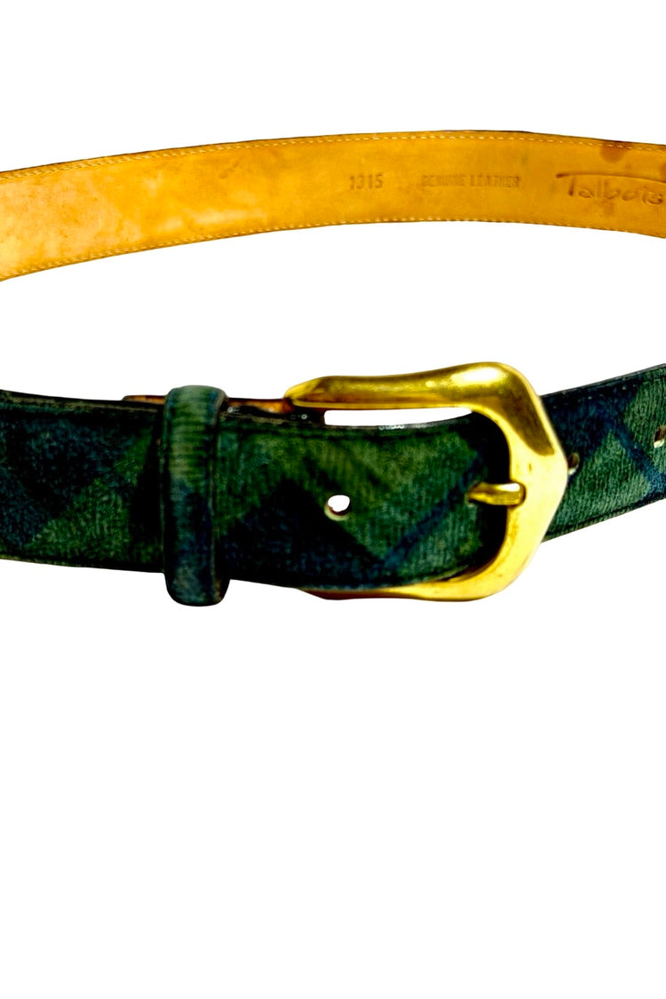 Talbots plaid leather belt buckle closeup