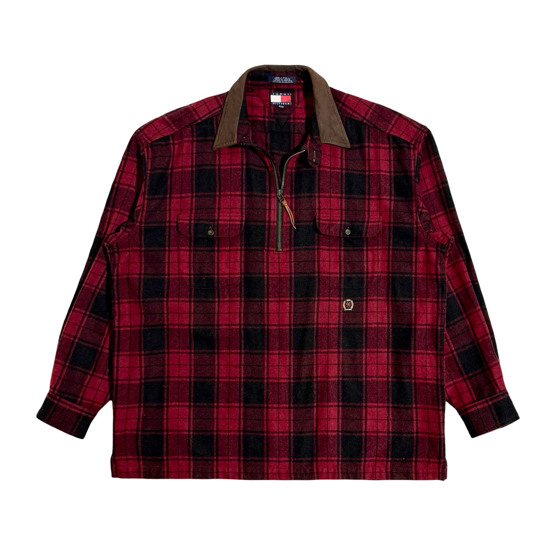 1990’S TOMMY HILFIGER WOOL RED HUNTING PLAID QUARTER ZIP PULL OVER SHIRT JACKET X-LARGE