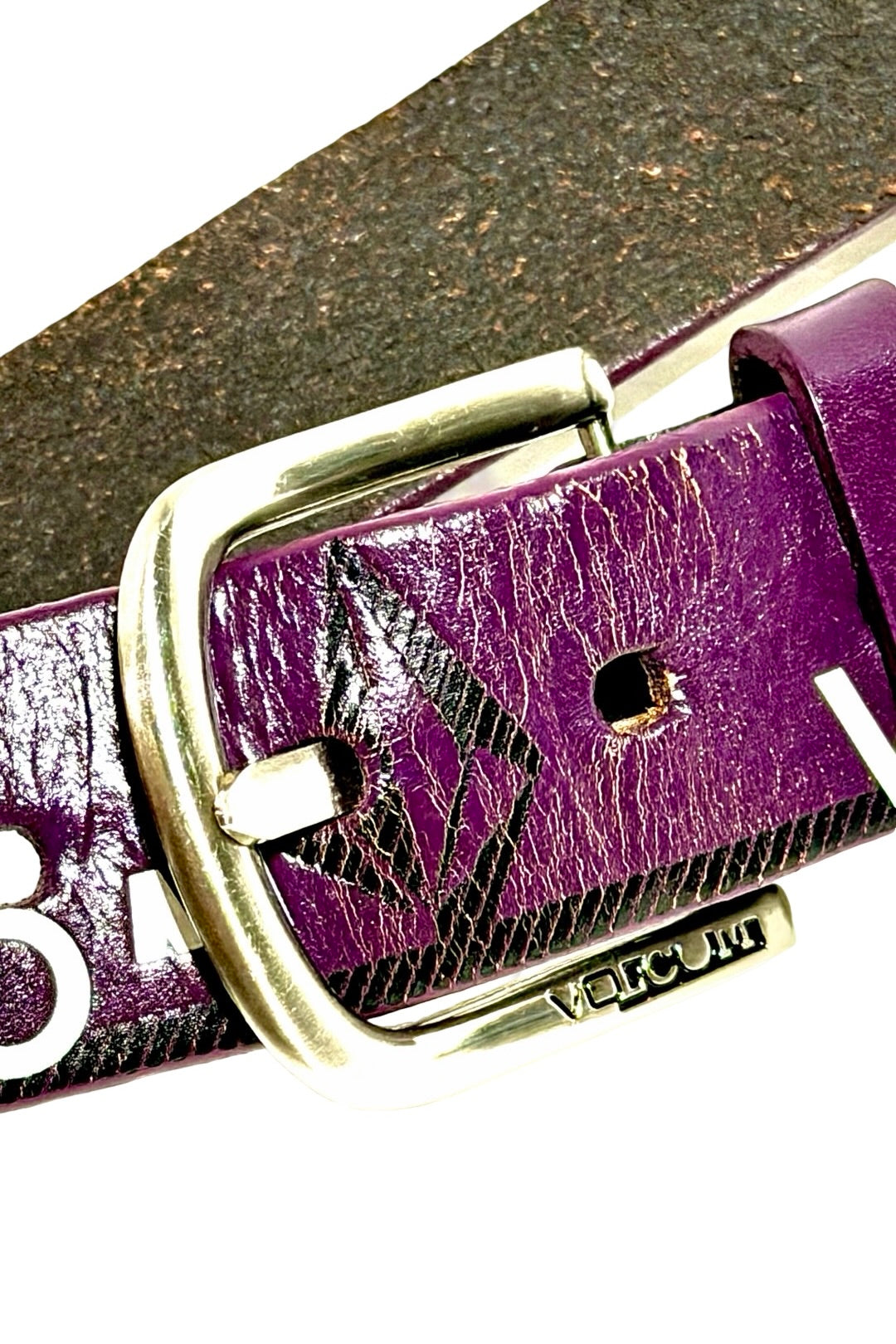 Volcom purple leather belt buckle closeup