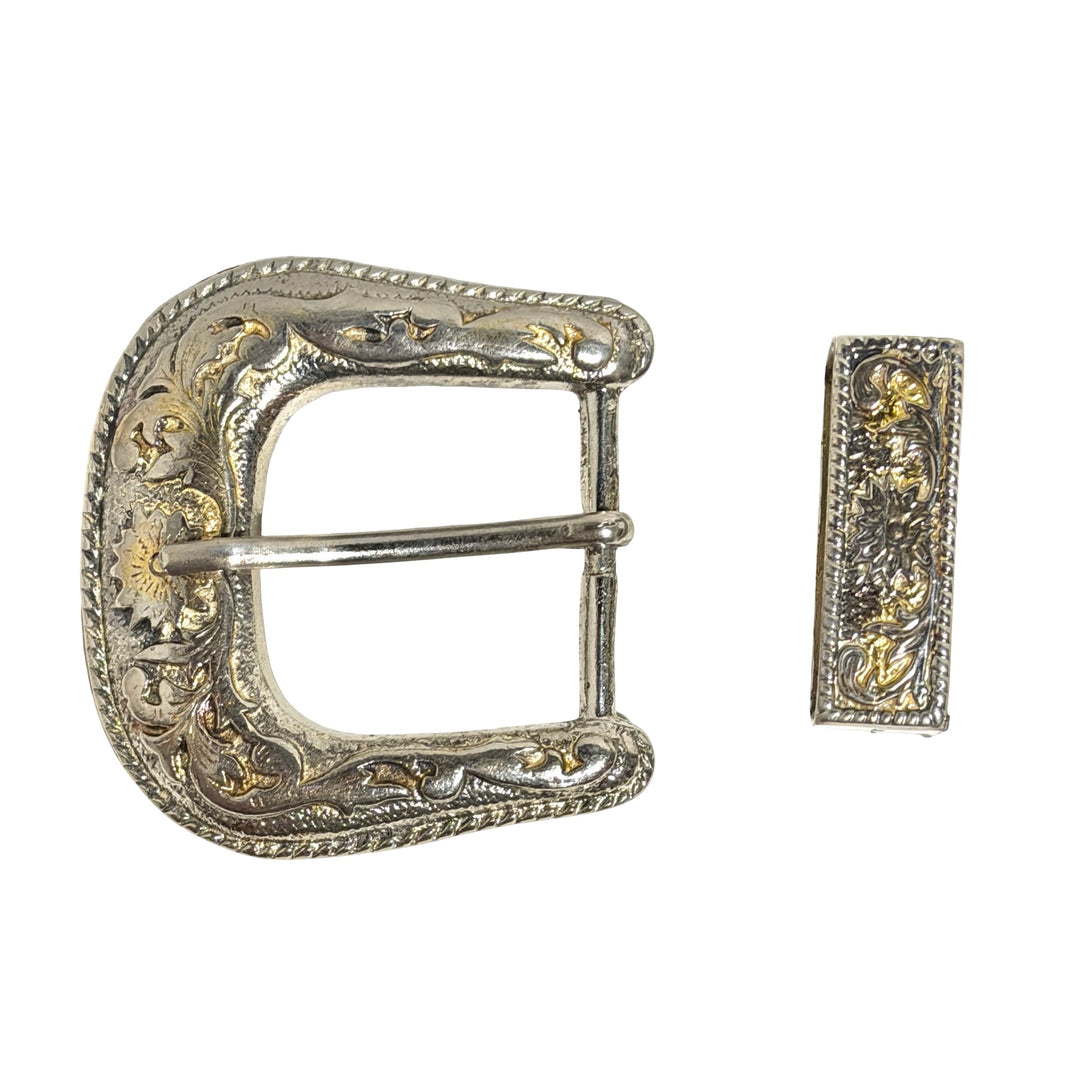 1970s engraved western belt buckle closeup