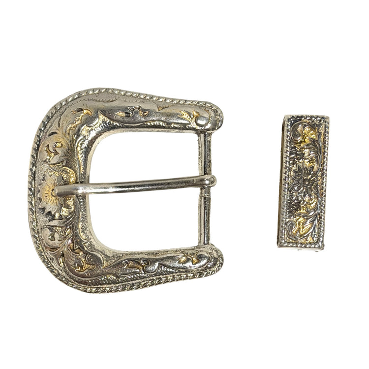 1970s engraved western belt buckle closeup