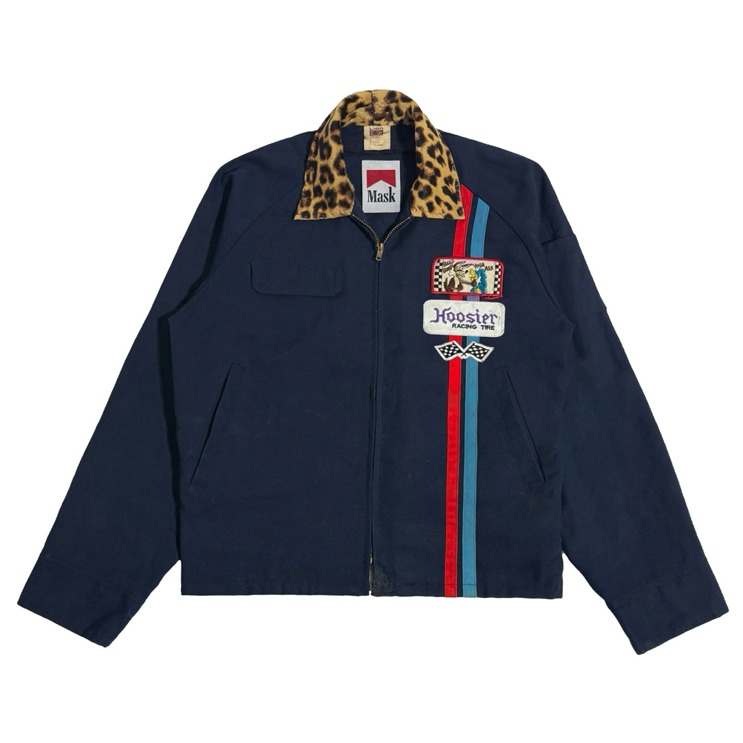 1960’S MASK MADE IN USA CROPPED HOOSIER RACING LEOPARD LEATHER COLLAR RACING JACKET MEDIUM