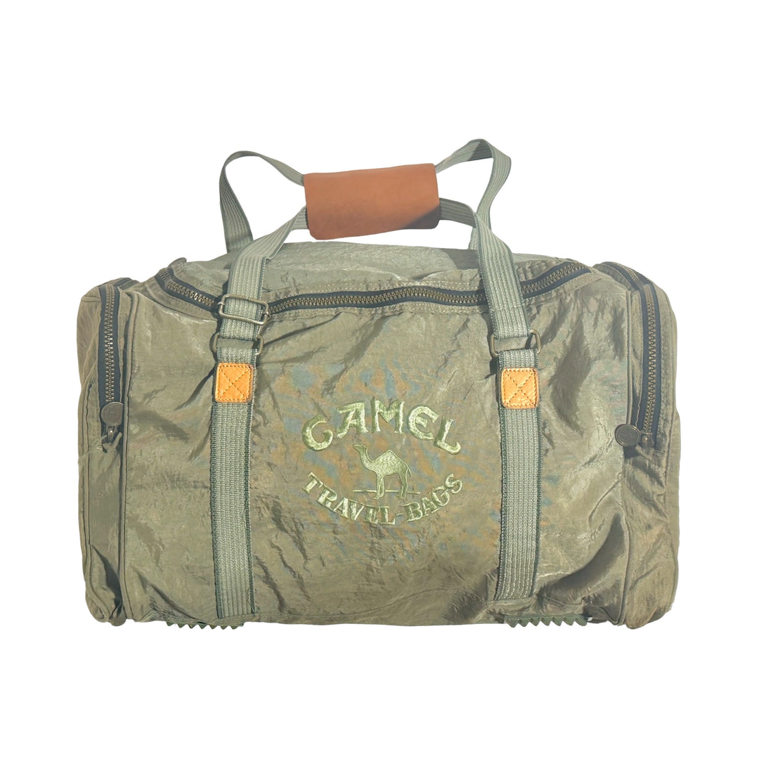 1990’S CAMEL TRAVEL BAGS EMBROIDERED LEATHER ACCENTED DUFFLE BAG