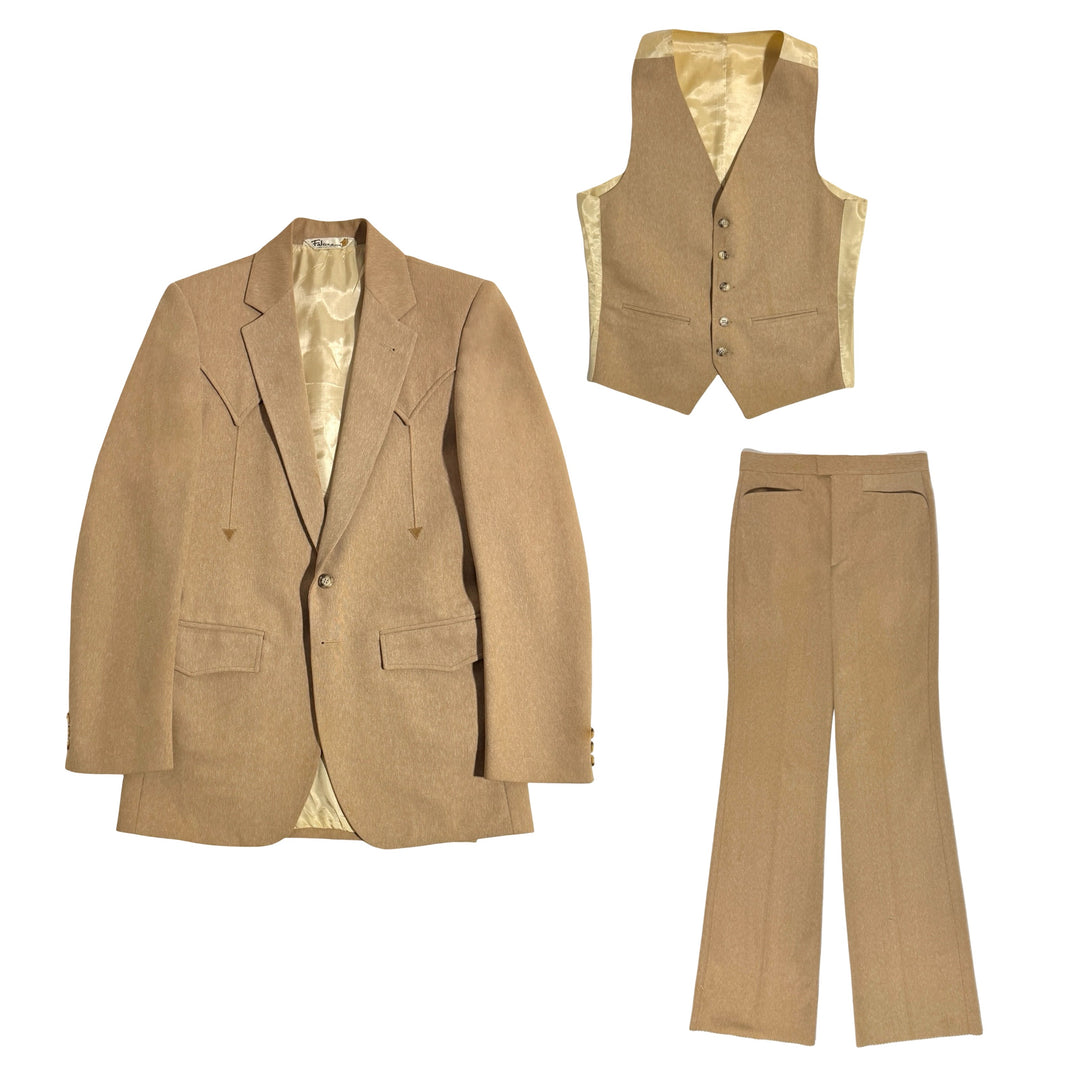 1970’S DEADSTOCK FALCONE MADE IN USA KNIT WESTERN FLARED LEG FROG POCKET SUIT 38